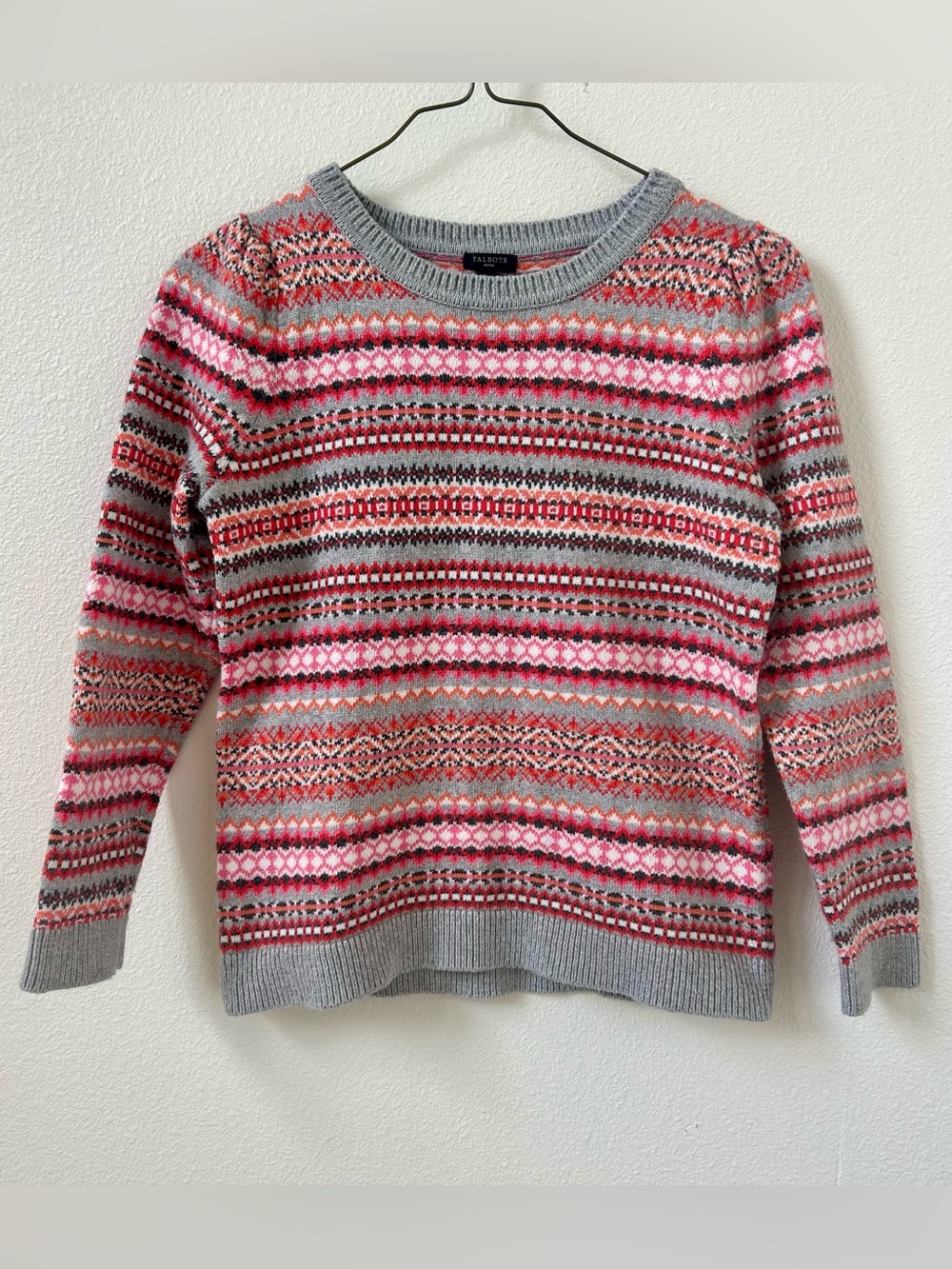 Talbots Pink, Gray and Coral Fair Isle Crewneck Sweater